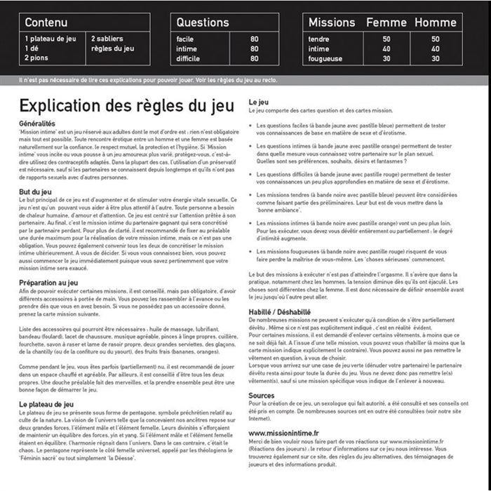 Jeu Mission intime